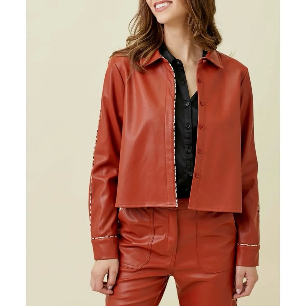 NWT Anthropologie x Mystree-Faux leather  red jacket with contrasting piping. M